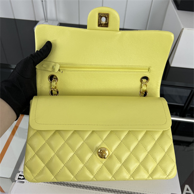 Cha.nel Medium Classic Flap Bag Grained Calfskin Gold Tone Metal Yellow 01112