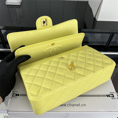 Cha.nel Medium Classic Flap Bag Grained Calfskin Gold Tone Metal Yellow 01112