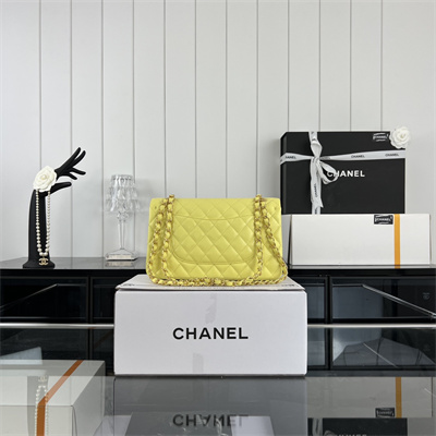 Cha.nel Medium Classic Flap Bag Grained Calfskin Gold Tone Metal Yellow 01112