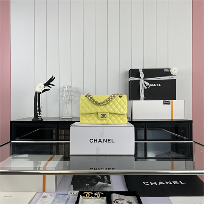 Cha.nel Medium Classic Flap Bag Grained Calfskin Silver Tone Metal Yellow 01112