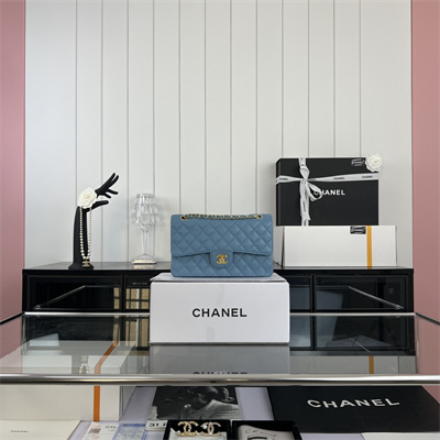 Cha.nel Medium Classic Flap Bag Grained Calfskin Gold Tone Metal Blue 01112 (Flap Edge Stitch)