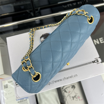 Cha.nel Medium Classic Flap Bag Grained Calfskin Gold Tone Metal Blue 01112 (Flap Edge Stitch)
