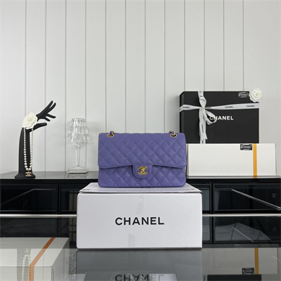 Cha.nel Medium Classic Flap Bag Grained Calfskin Gold Tone Metal Purple 01112 (Flap Edge Stitch)