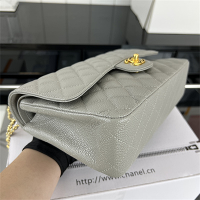 Cha.nel Medium Classic Flap Bag Grained Calfskin Gold Tone Metal Grey 01112 (Flap Edge Stitch)