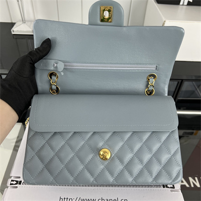 Cha.nel Medium Classic Flap Bag Grained Calfskin Gold Tone Metal Lt Blue 01112