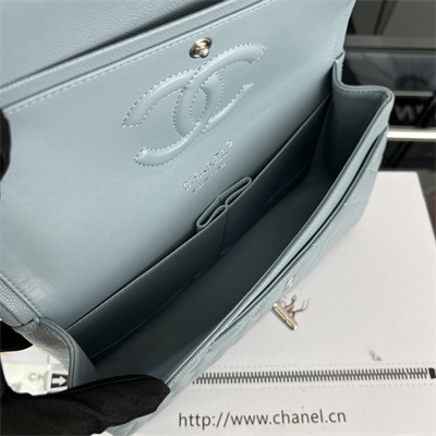 Cha.nel Medium Classic Flap Bag Grained Calfskin Silver Tone Metal Lt Blue 01112