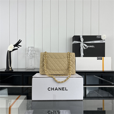 Cha.nel Medium Classic Flap Bag Grained Calfskin Gold Tone Metal Beige 01112