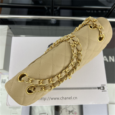 Cha.nel Medium Classic Flap Bag Grained Calfskin Gold Tone Metal Beige 01112