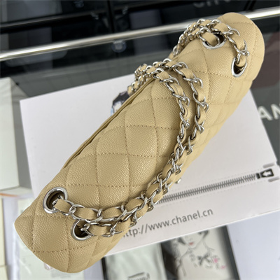 Cha.nel Medium Classic Flap Bag Grained Calfskin Silver Tone Metal Beige 01112