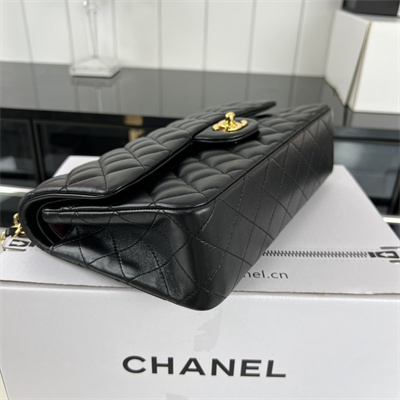 Cha.nel Medium Classic Flap Bag Lambskin Gold Tone Metal Black 01112