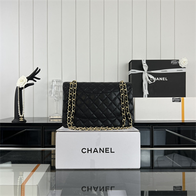 Cha.nel Large Classic Flap Bag Grained Calfskin Gold Tone Metal Black 58600(Flap Edge Stitch)