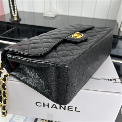 Cha.nel Large Classic Flap Bag Grained Calfskin Gold Tone Metal Black 58600(Flap Edge Stitch)