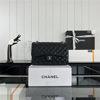 Cha.nel Large Classic Flap Bag Grained Calfskin Silver Tone Metal Black 58600(Flap Edge Stitch)