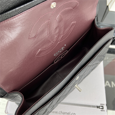 Cha.nel Large Classic Flap Bag Grained Calfskin Silver Tone Metal Black 58600(Flap Edge Stitch)
