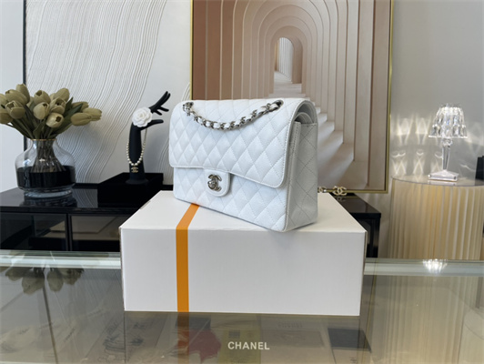 Cha.nel Medium Classic Flap Bag Grained Calfskin Silver Tone Metal White 01112 (Flap Edge Stitch)