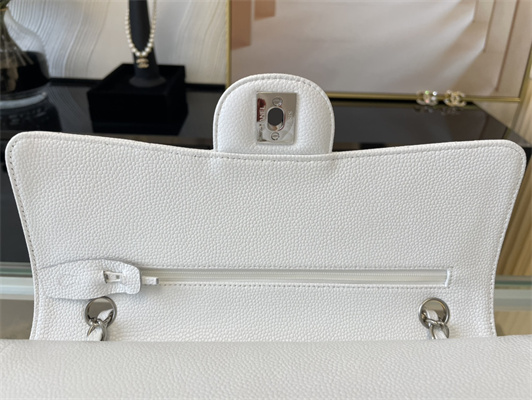 Cha.nel Medium Classic Flap Bag Grained Calfskin Silver Tone Metal White 01112 (Flap Edge Stitch)