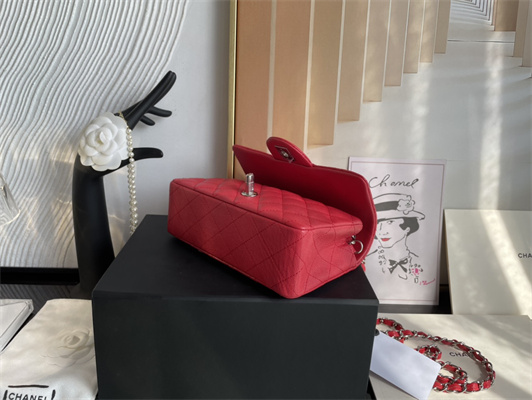 Cha.nel Mini Classic Flap Bag Grained Calfskin Silver Tone Metal Red 01116