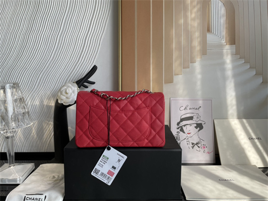 Cha.nel Mini Classic Flap Bag Grained Calfskin Silver Tone Metal Red 01116