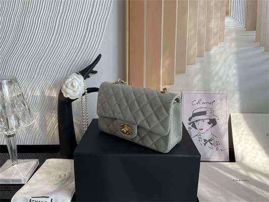 Cha.nel Mini Classic Flap Bag Grained Calfskin Gold Tone Metal Grey 01116