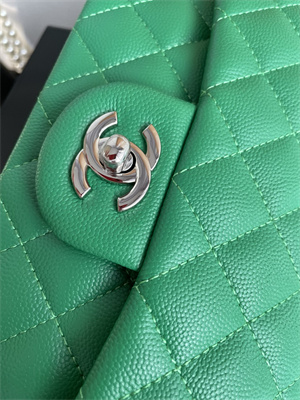 Cha.nel Mini Classic Flap Bag Grained Calfskin Silver Tone Metal Green 01116