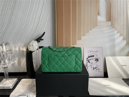 Cha.nel Mini Classic Flap Bag Grained Calfskin Silver Tone Metal Green 01116