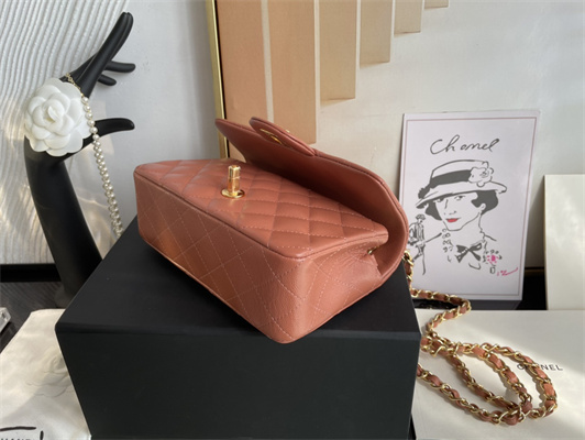 Cha.nel Mini Classic Flap Bag Grained Calfskin Gold Tone Metal Caramel 01116