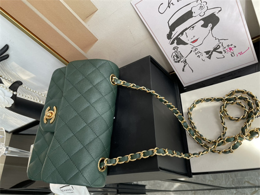 Cha.nel Mini Classic Flap Bag Grained Calfskin Gold Tone Metal Dk Green 01116