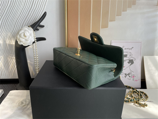 Cha.nel Mini Classic Flap Bag Grained Calfskin Gold Tone Metal Dk Green 01116