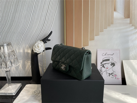 Cha.nel Mini Classic Flap Bag Grained Calfskin Silver Tone Metal Dk Green 01116