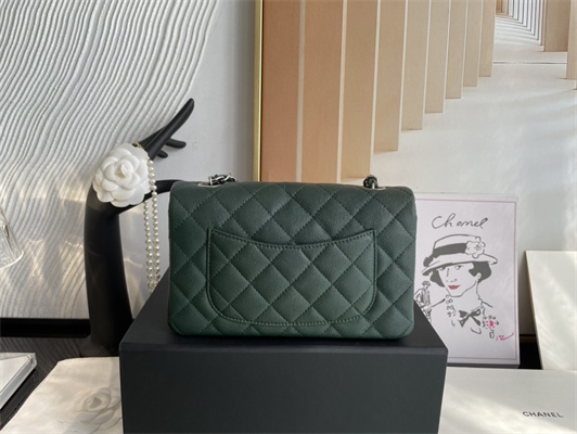 Cha.nel Mini Classic Flap Bag Grained Calfskin Silver Tone Metal Dk Green 01116