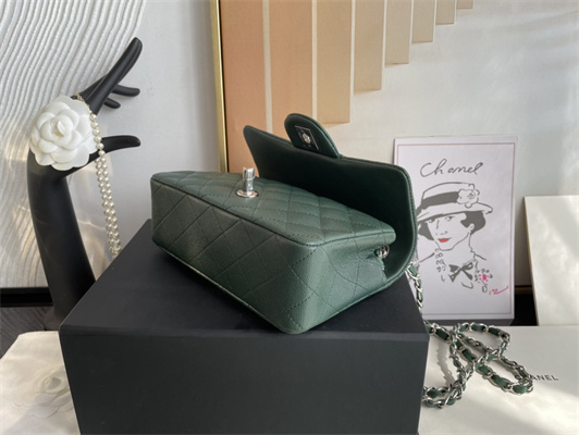 Cha.nel Mini Classic Flap Bag Grained Calfskin Silver Tone Metal Dk Green 01116