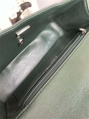 Cha.nel Mini Classic Flap Bag Grained Calfskin Silver Tone Metal Dk Green 01116