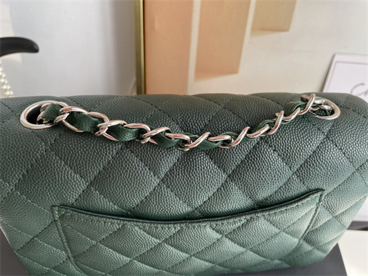 Cha.nel Mini Classic Flap Bag Grained Calfskin Silver Tone Metal Dk Green 01116