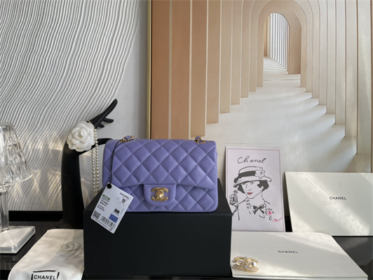 Cha.nel Mini Classic Flap Bag Grained Calfskin Gold Tone Metal Purple 01116