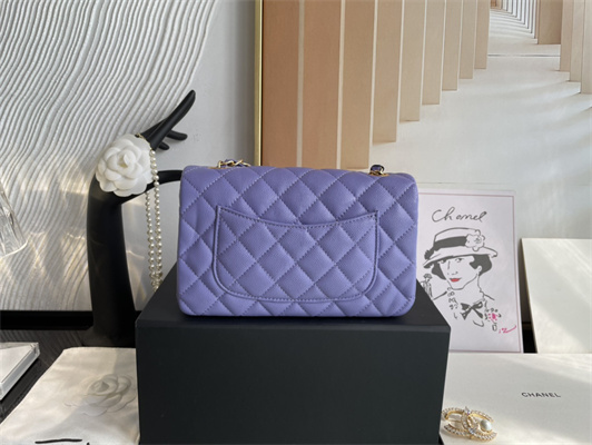 Cha.nel Mini Classic Flap Bag Grained Calfskin Gold Tone Metal Purple 01116