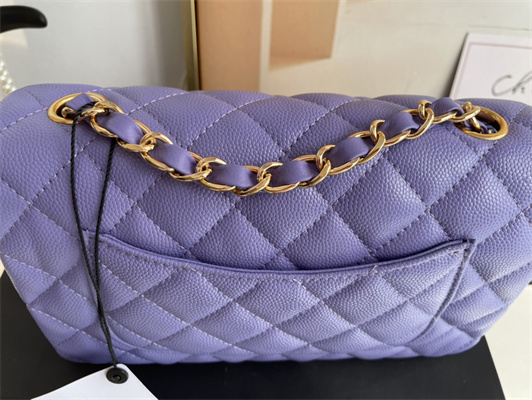Cha.nel Mini Classic Flap Bag Grained Calfskin Gold Tone Metal Purple 01116