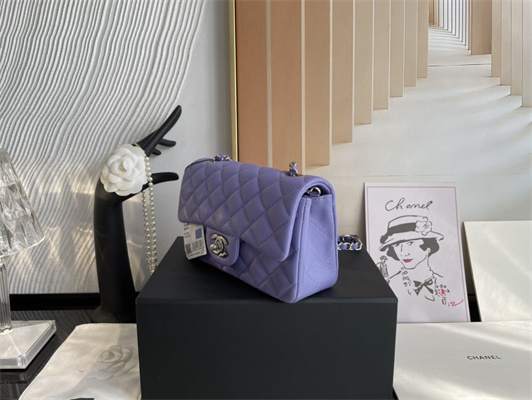 Cha.nel Mini Classic Flap Bag Grained Calfskin Silver Tone Metal Purple 01116