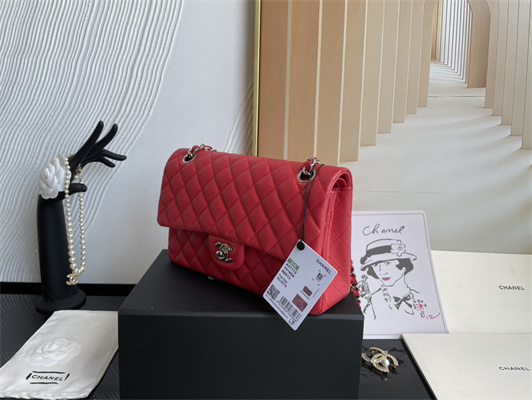 Cha.nel Medium Classic Flap Bag Grained Calfskin Silver Tone Metal Red 01112