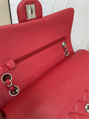 Cha.nel Medium Classic Flap Bag Grained Calfskin Silver Tone Metal Red 01112