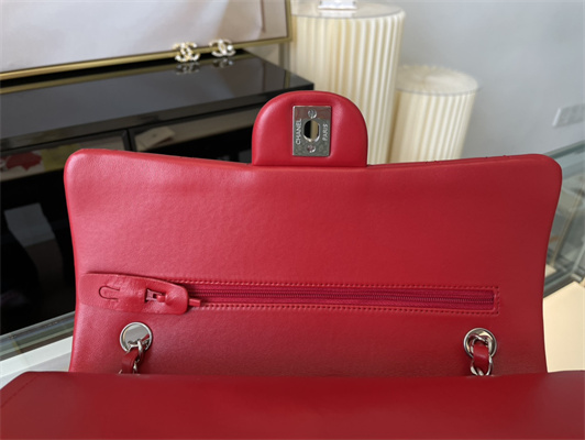 Cha.nel Medium Classic Flap Bag Lambskin Silver Tone Metal Red 01112