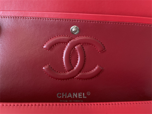 Cha.nel Medium Classic Flap Bag Lambskin Silver Tone Metal Red 01112