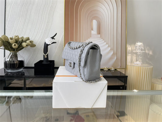 Cha.nel Medium Classic Flap Bag Lambskin Silver Tone Metal Lt Blue 01112