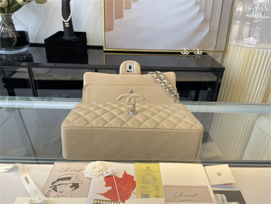 Cha.nel Medium Classic Flap Bag Lambskin Silver Tone Metal Beige 01112