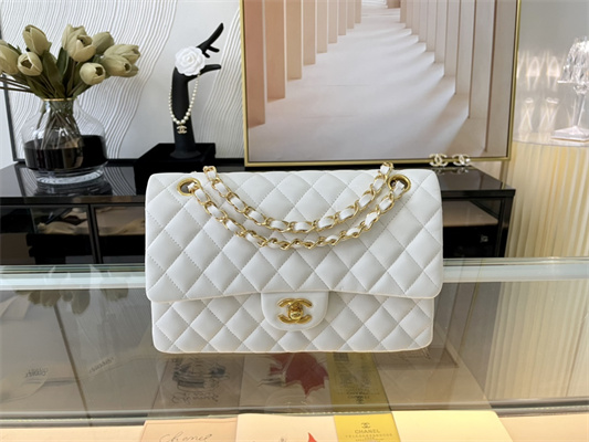 Cha.nel Medium Classic Flap Bag Lambskin Gold Tone Metal White 01112