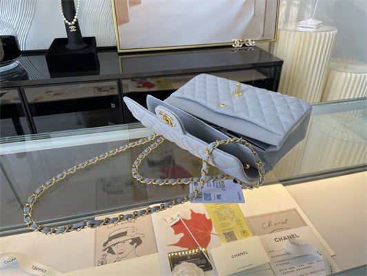 Cha.nel Medium Classic Flap Bag Lambskin Gold Tone Metal Lt Blue 01112