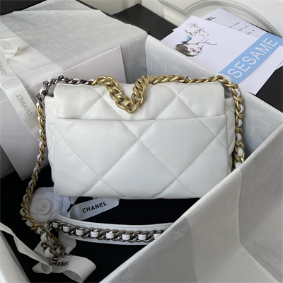 Cha.nel 19 Handbag Lambskin Gold Double C Metal White AS1160
