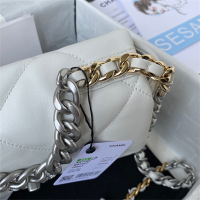 Cha.nel 19 Handbag Lambskin Silver Double C Metal White AS1160