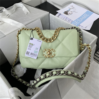 Cha.nel 19 Handbag Lambskin Gold Double C Metal Lt Green AS1160