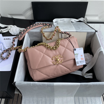 Cha.nel 19 Handbag Lambskin Gold Double C Metal Pink AS1160