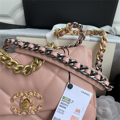 Cha.nel 19 Handbag Lambskin Gold Double C Metal Pink AS1160